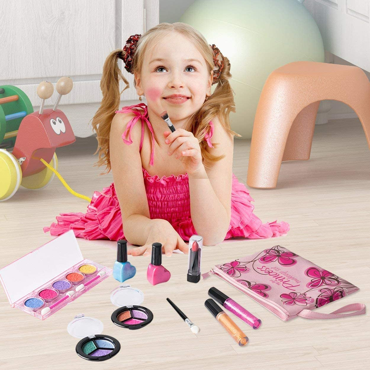 "Princess Glam Beauty Set: Playkidz Real Washable Makeup Kit for Girls - Non Toxic, Complete Dress up Set with Bag (11 PC)"