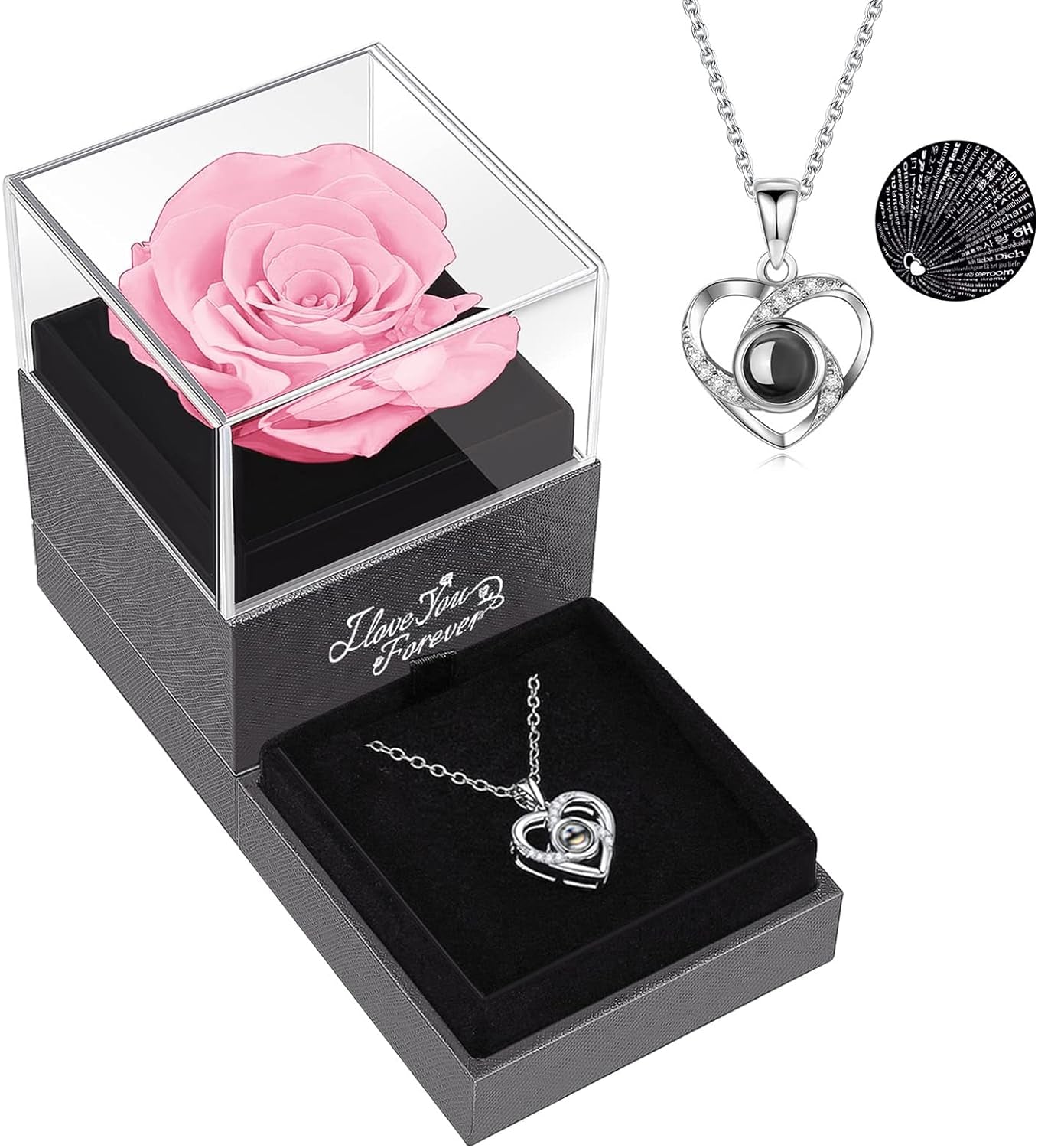 "Enchanting Eternal Rose Gift Set with I Love You Necklace - Perfect for Christmas, Valentine's Day, and Special Occasions - Show your Love to Women, Mom, Wife, and Girlfriend with this Exquisite Preserved Red Rose"